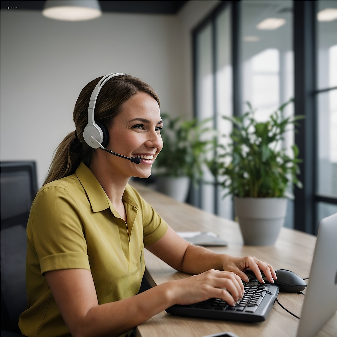 Frau mit Headset am Arbeitsplatz im Kundenservice (Bild KI-generiert)