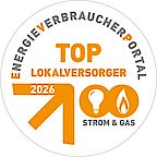 Energieverbraucherportal Siegel 2026: Top-Lokalversorger für Strom und Gas, Pfeil und Symbole integriert.